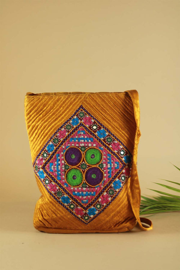 Hand Embroidered Fabric Bag- Mustard