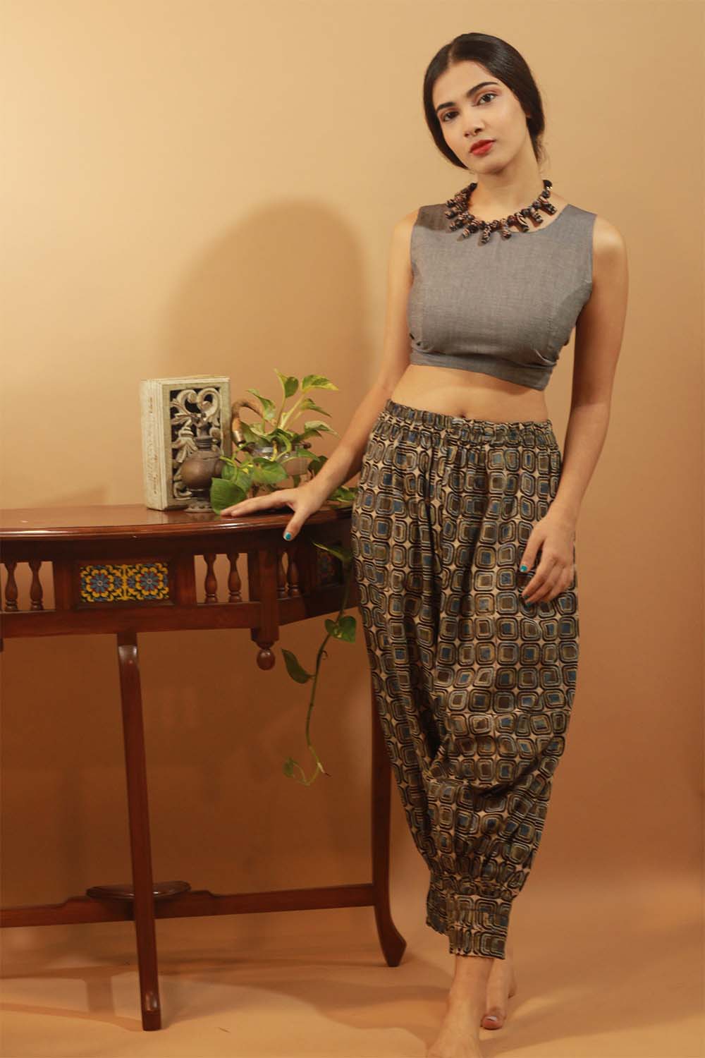 Mastaani | Reversible Blouse | Geometric Ajrakh & Solid Gray