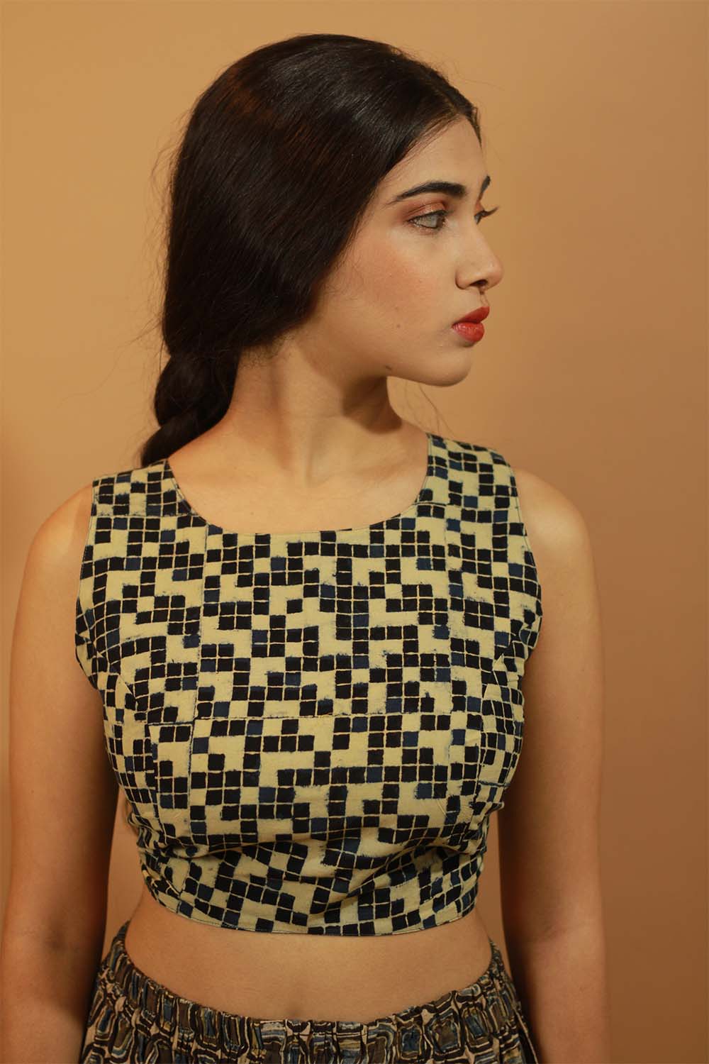 Mastaani | Reversible Blouse | Geometric Ajrakh & Solid Gray