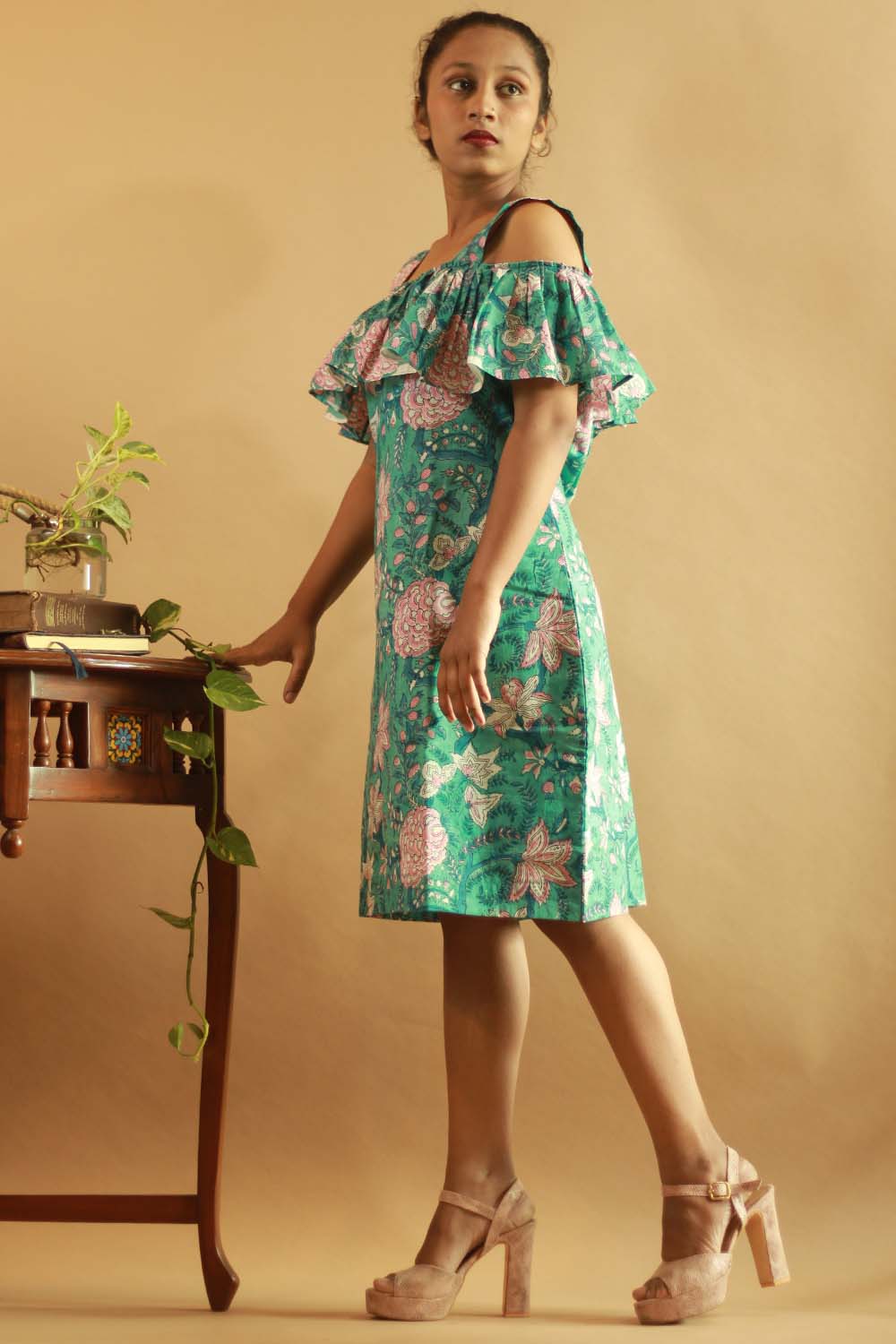 Off-Shoulder Short Dress in Sea Green Sanganeri