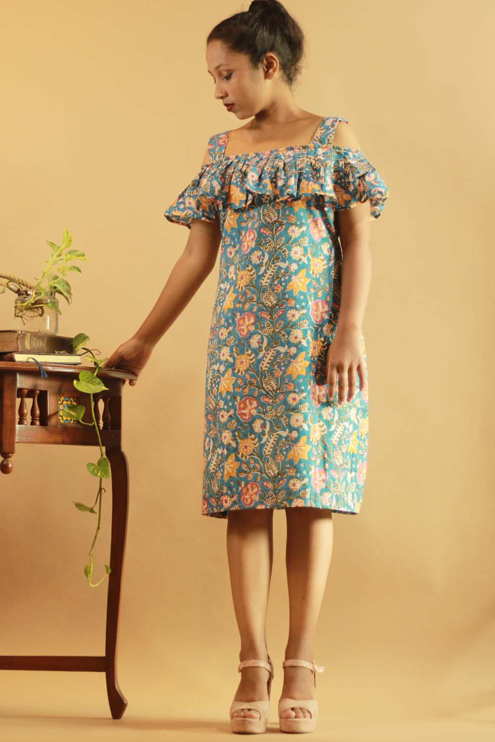 Off-Shoulder Short Dress in Sea Blue Sanganeri