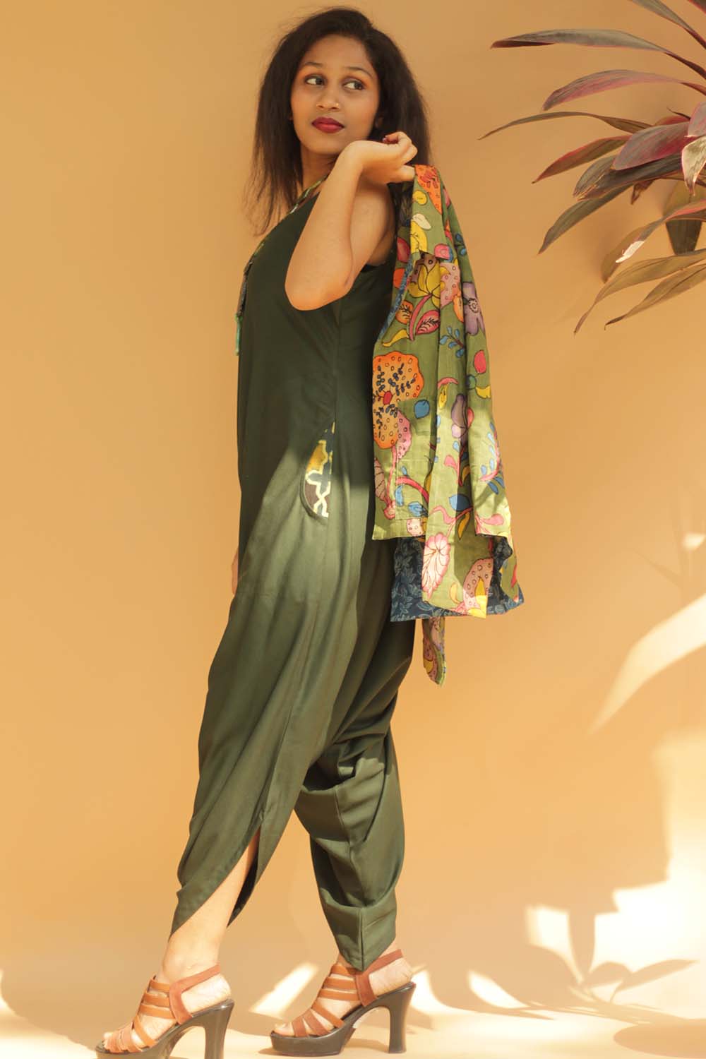 Jodhpuri Jumpsuit | Army Green with Ajrakh