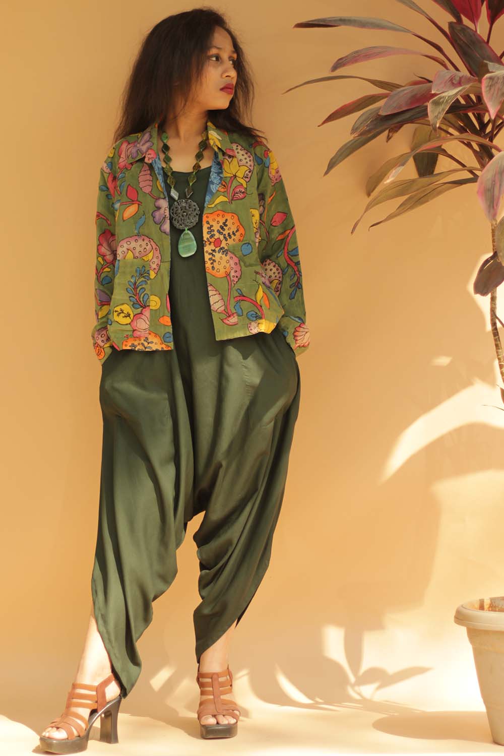 Jodhpuri Jumpsuit | Army Green with Ajrakh