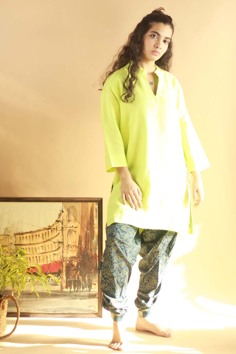 Short Kurta in Lemon Green Linen