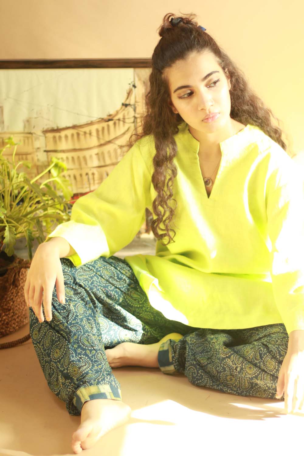 Short Kurta in Lemon Green Linen