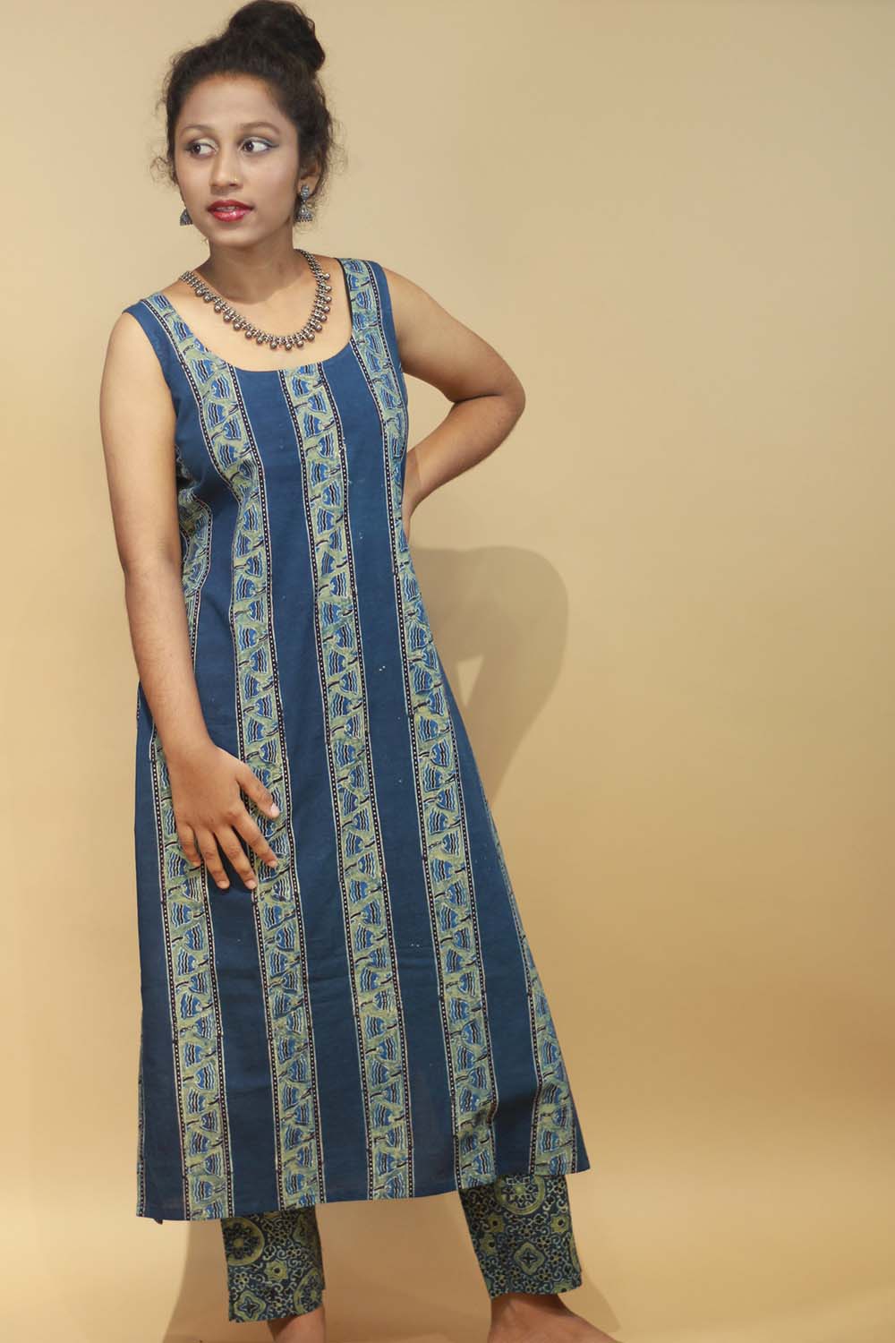 Ajrakh Sea Green Sleeveless Long Kurta