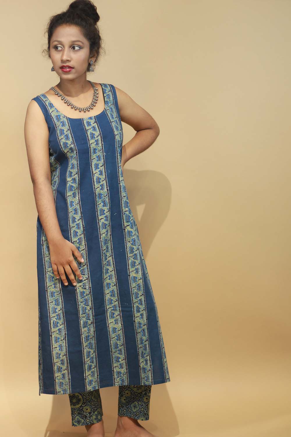 Ajrakh Sea Green Sleeveless Long Kurta
