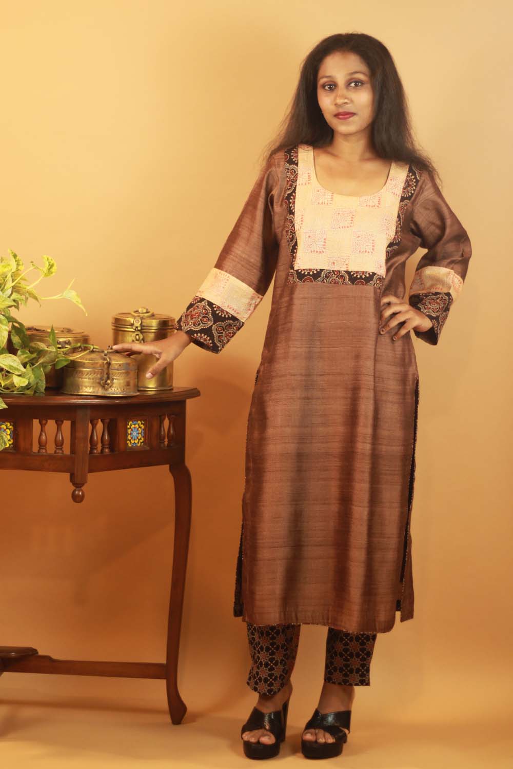 Pure Tussar Silk Kurta with Ajrakh