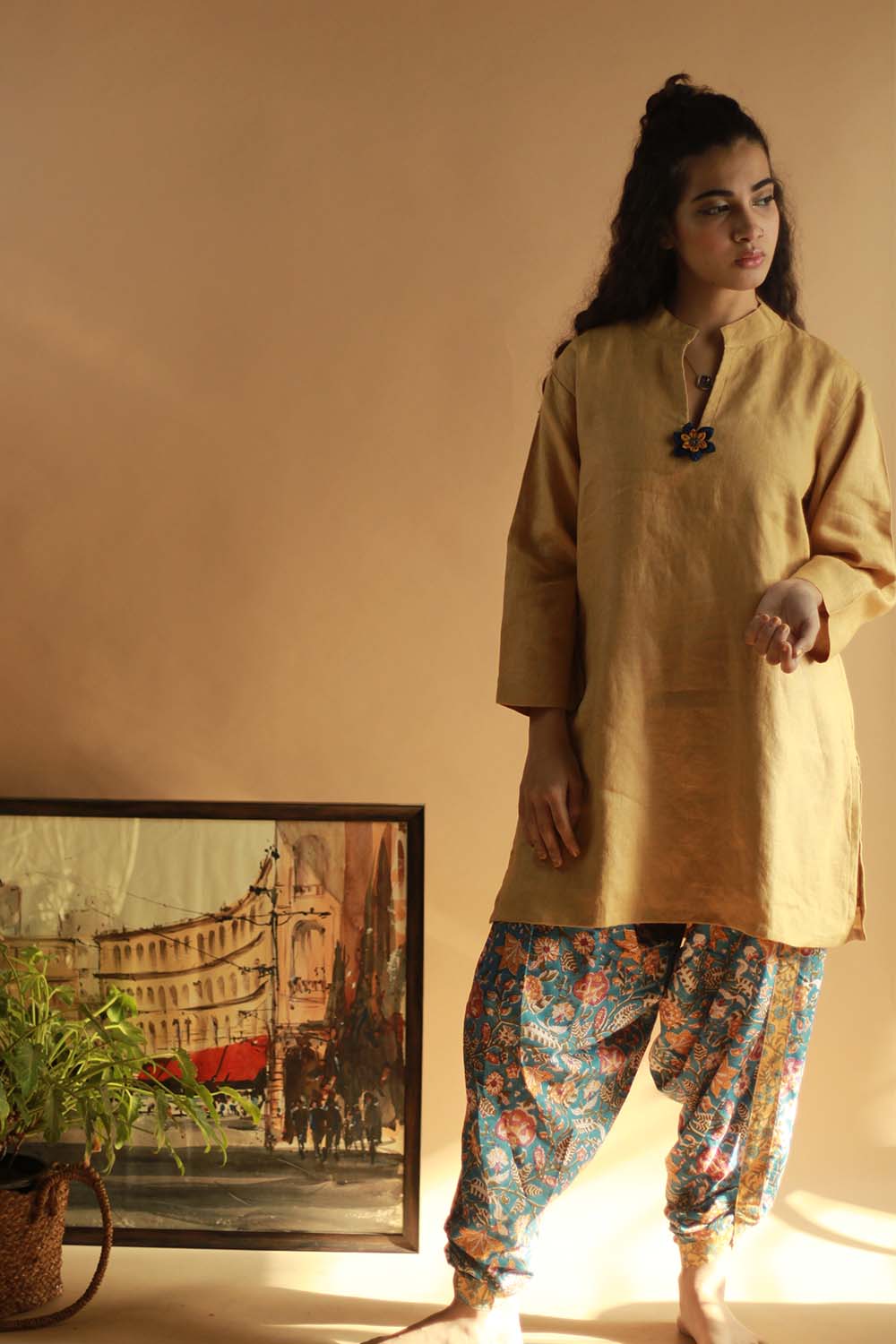 Short Kurta in Beige Linen