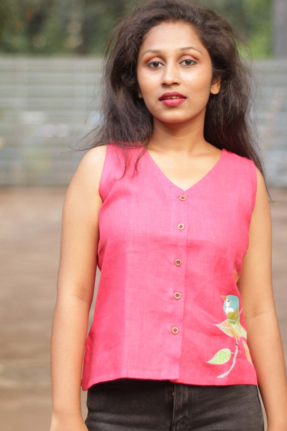 The Birdsong | Linen Hand Painted Top | Red