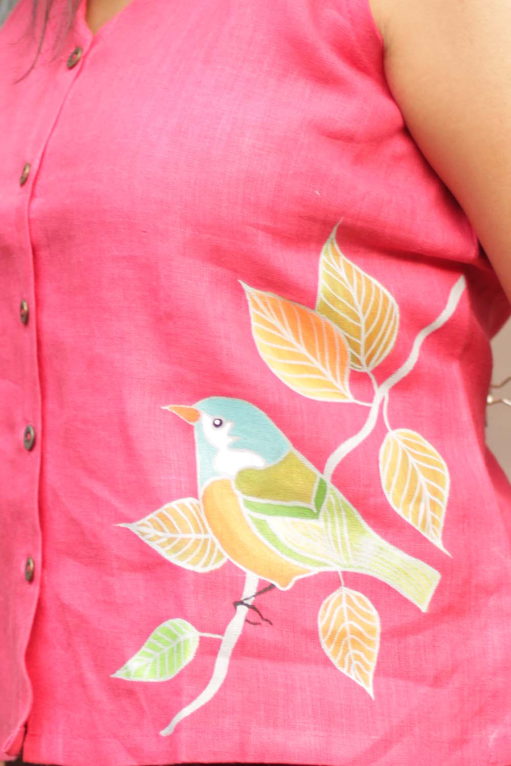 The Birdsong | Linen Hand Painted Top | Red