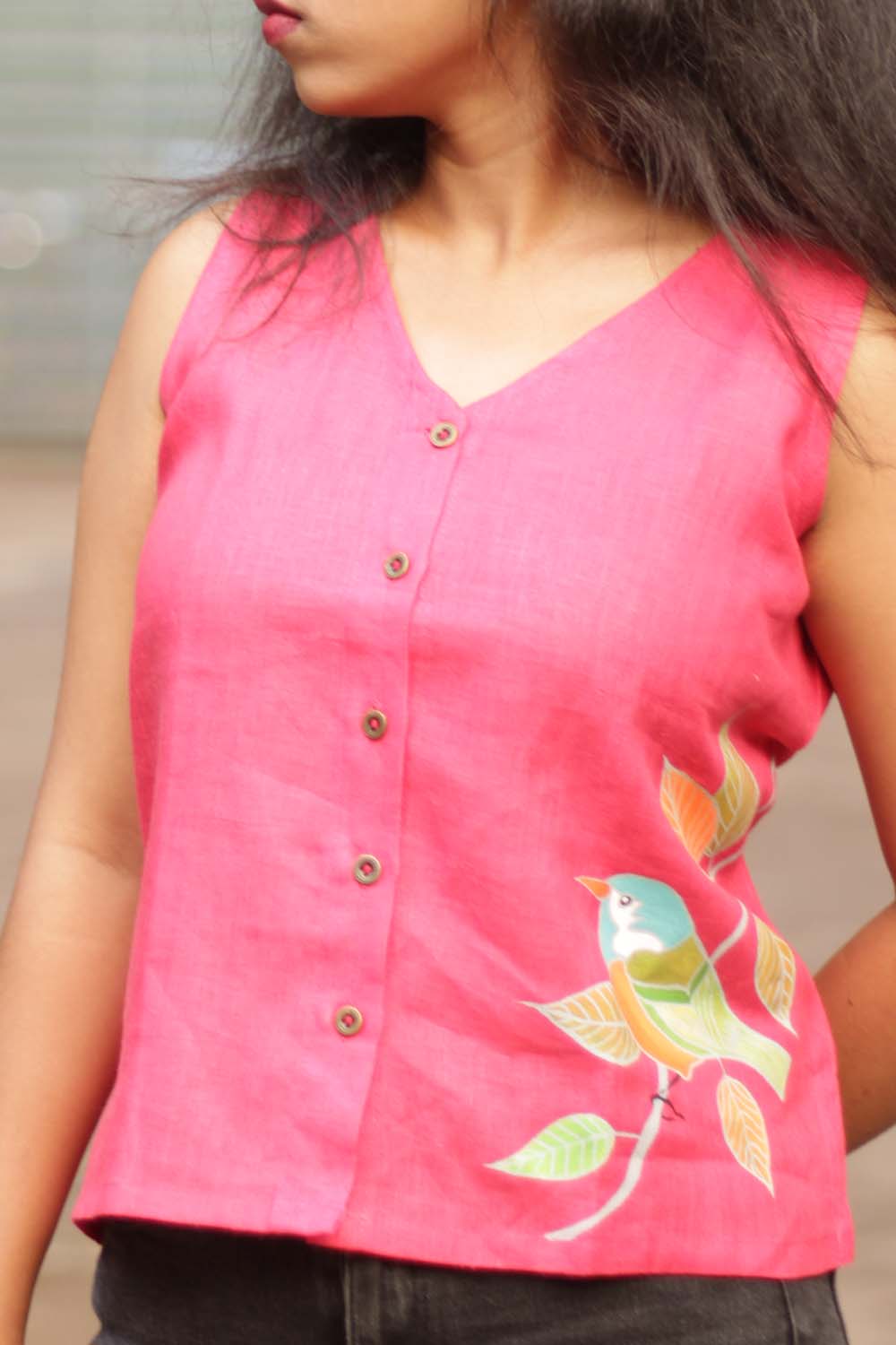 The Birdsong | Linen Hand Painted Top | Red