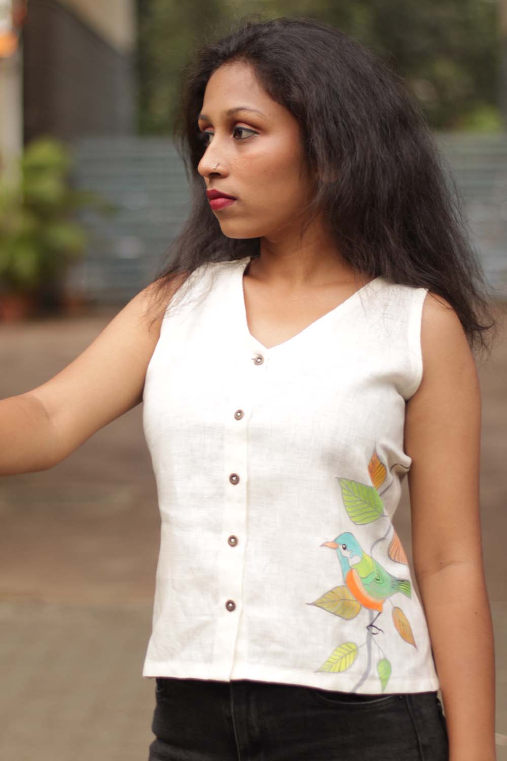 The Birdsong | Linen Hand Painted Top | Ivory