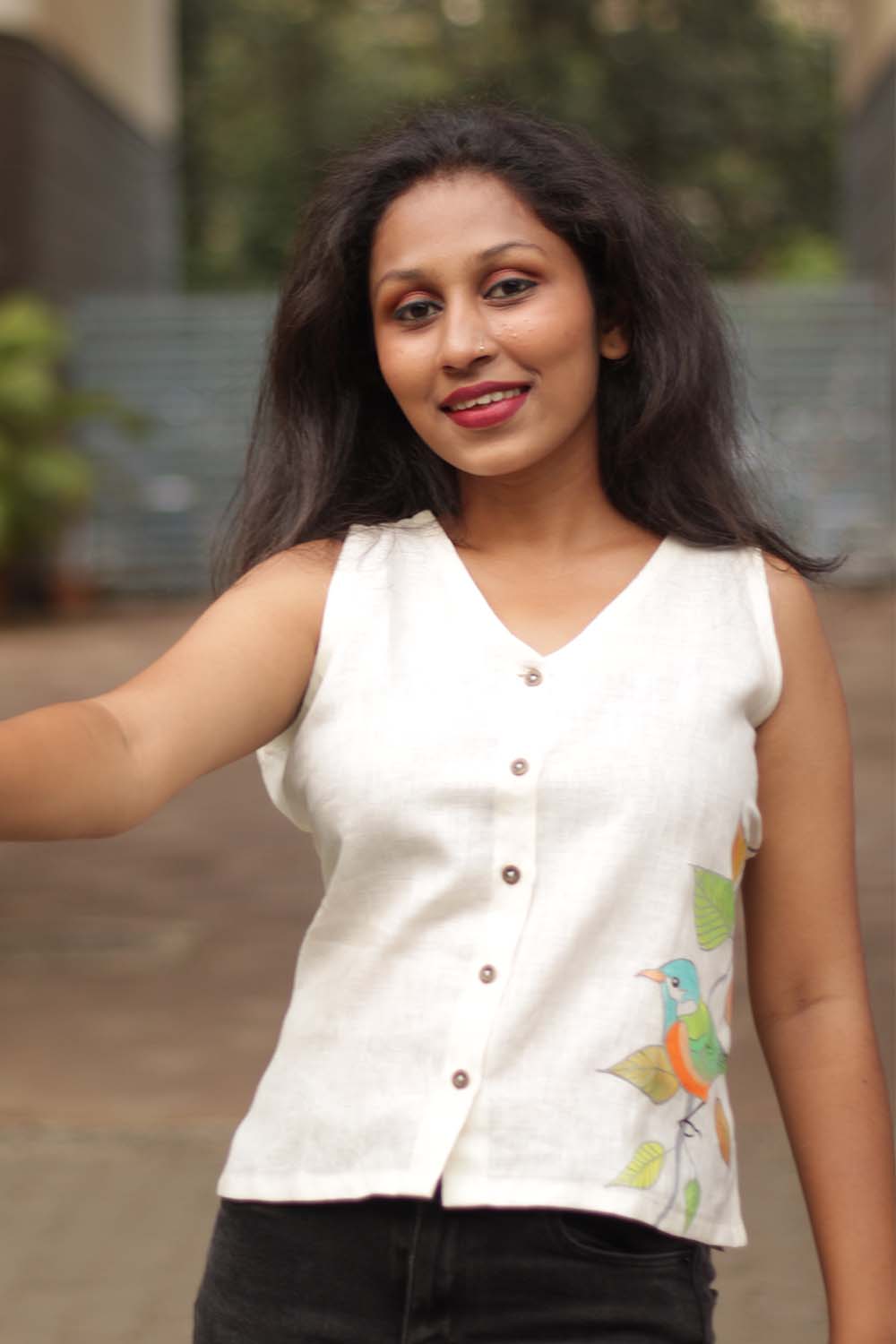 The Birdsong | Linen Hand Painted Top | Ivory