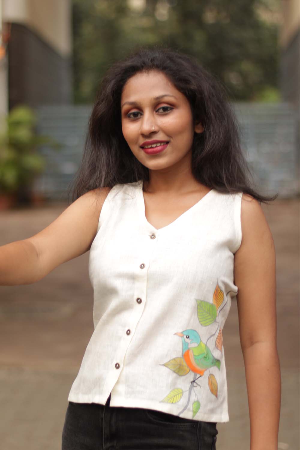 The Birdsong | Linen Hand Painted Top | Ivory