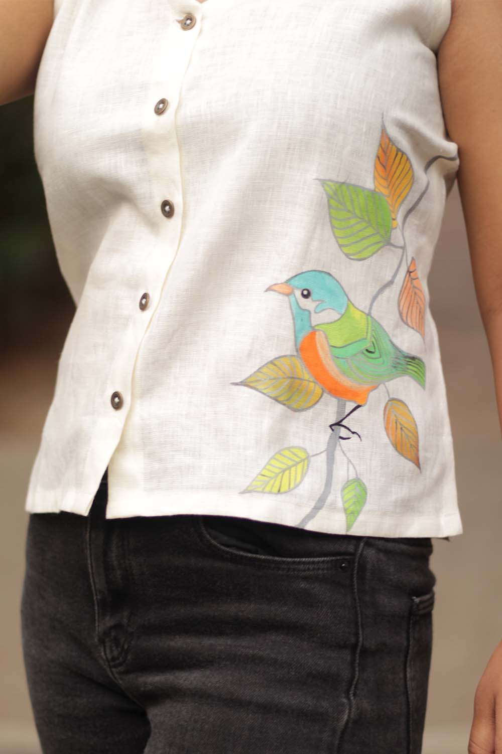 The Birdsong | Linen Hand Painted Top | Ivory