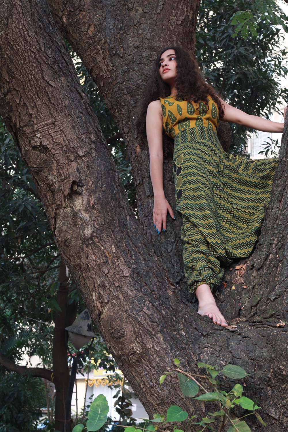 Wayfarer Pants | Drop Crotch Pants | Green Ajrakh Chevron