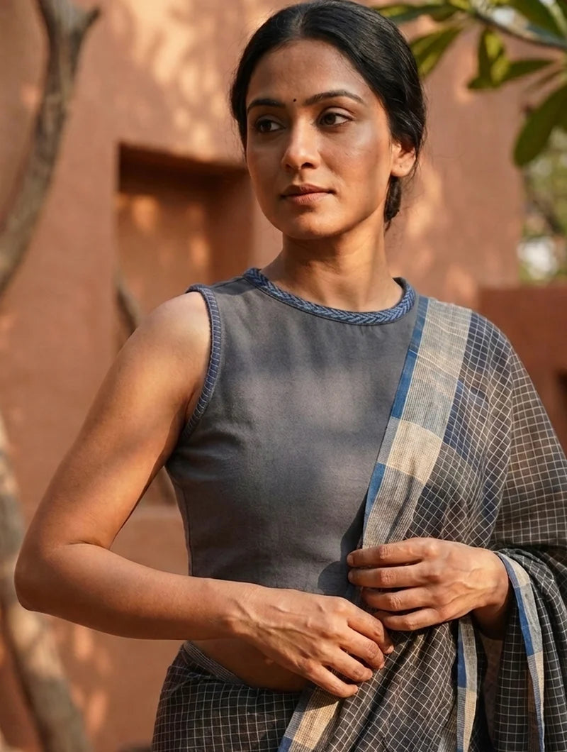 Kirgiti | Stretchable Blouse / Crop Top | Grey with Embroidery