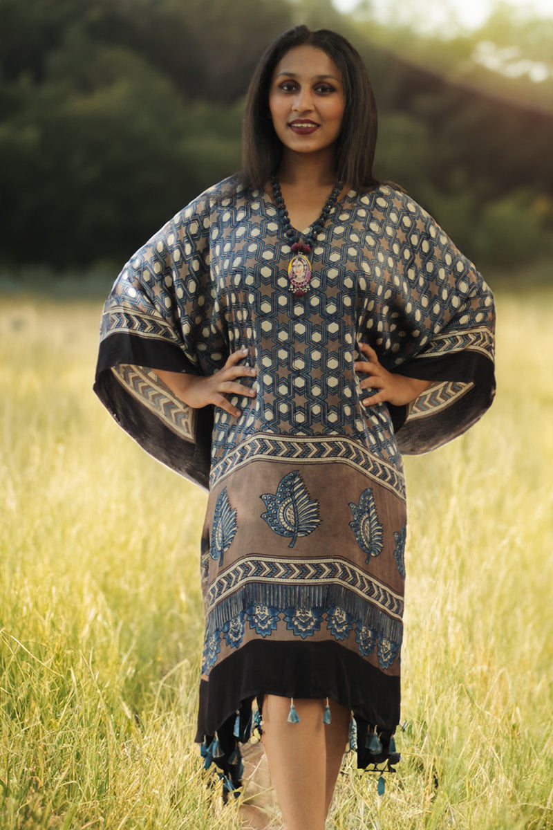 Sitaara | Modal Kaftan | Blue & Brown Hexagons Ajrakh