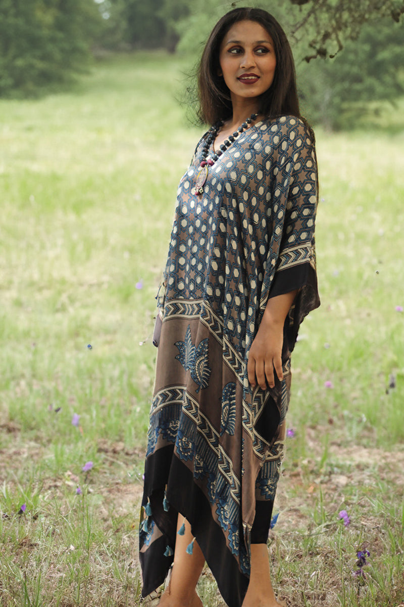 Sitaara | Modal Kaftan | Blue & Brown Hexagons Ajrakh