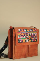 Kutchi Leather Bag | Mirrorwork Sling Bag | Tan