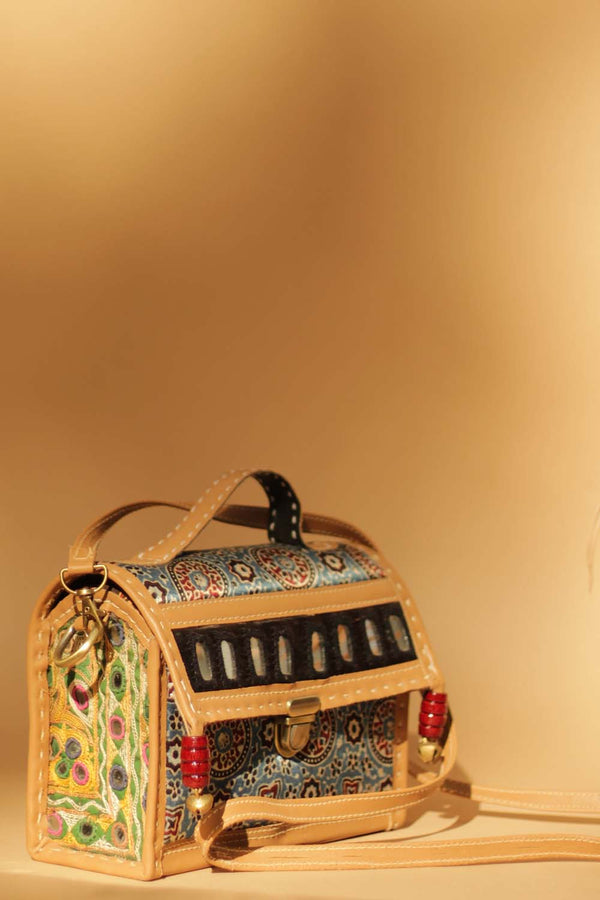 Handcrafted Kutch Mirrorwork & Leather Bag with Ajrakh