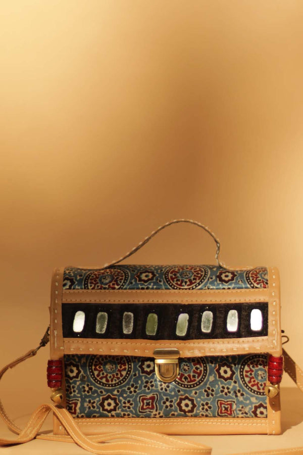Handcrafted Kutch Mirrorwork & Leather Bag with Ajrakh