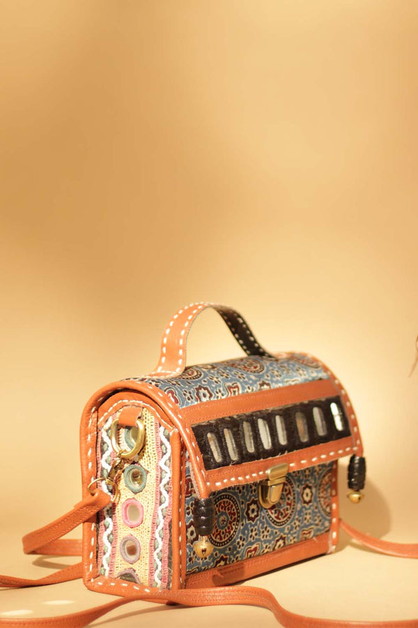 Handcrafted Kutch Mirrorwork & Leather Bag with Ajrakh