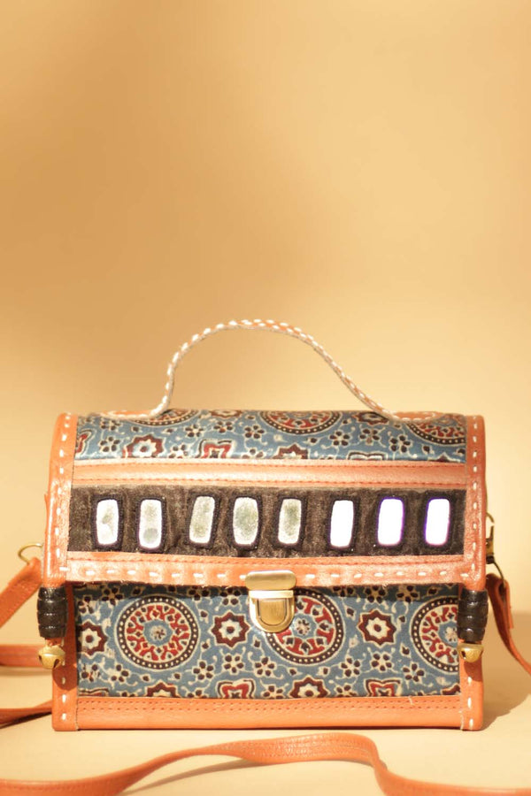 Handcrafted Kutch Mirrorwork & Leather Bag with Ajrakh