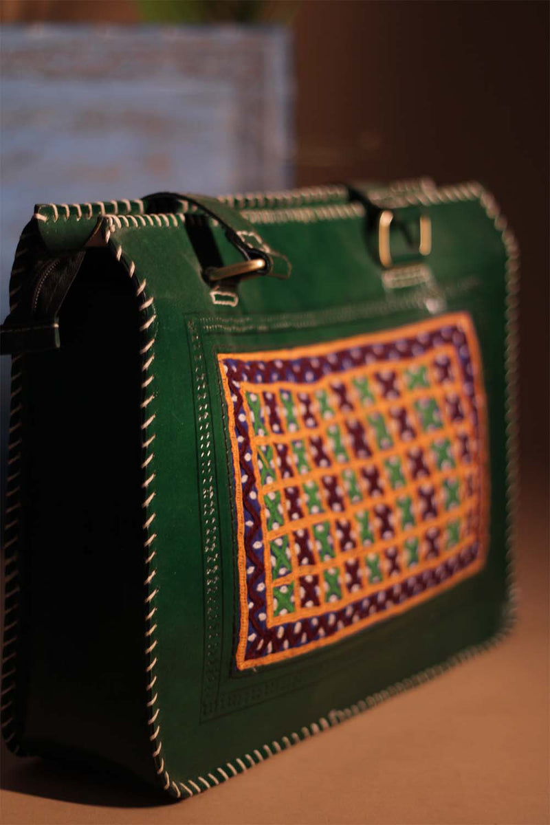 Kutchi Leather Handbag | Beryl with Mirrorwork