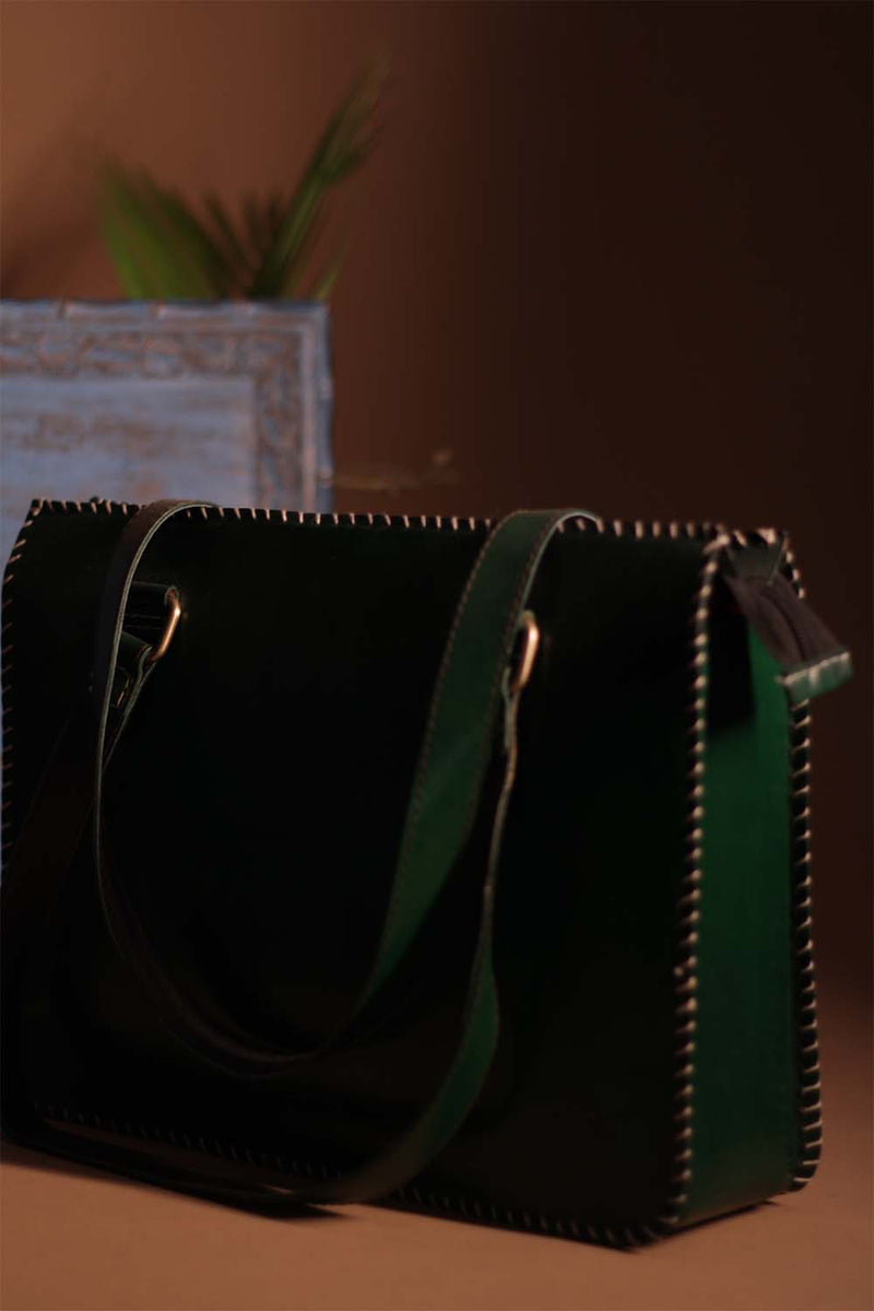 Kutchi Leather Handbag | Beryl with Mirrorwork
