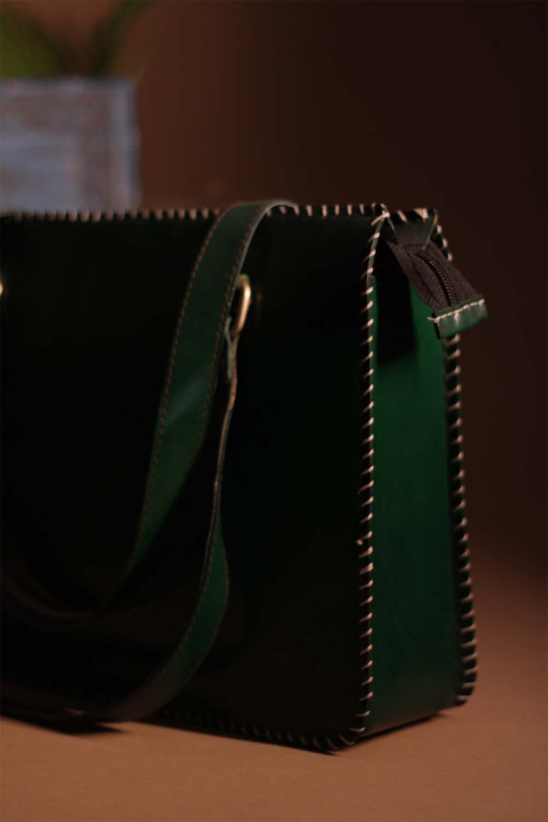 Kutchi Leather Handbag | Beryl with Mirrorwork