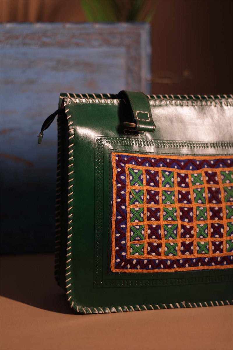 Kutchi Leather Handbag | Beryl with Mirrorwork