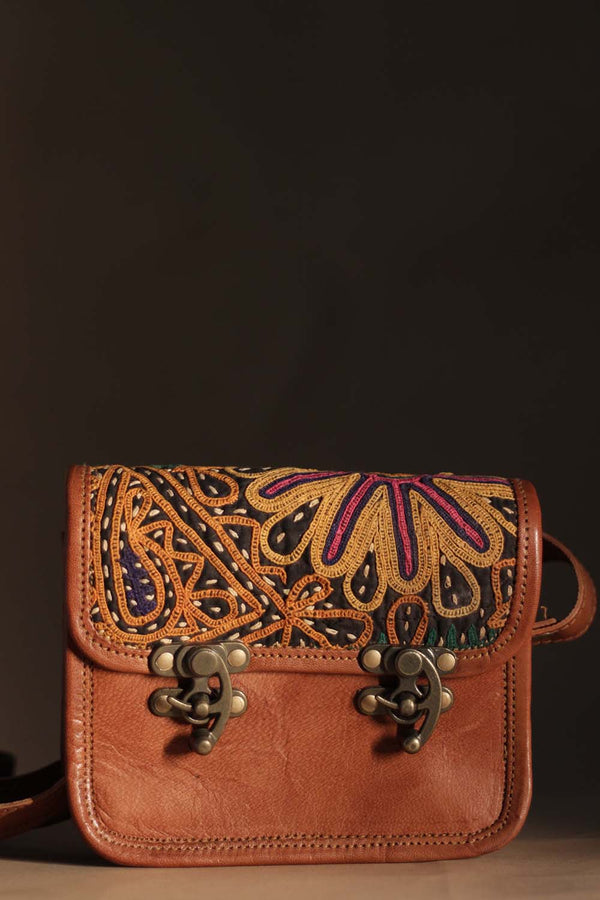 Kutchi Leather Bag | Mirrorwork Sling | Square