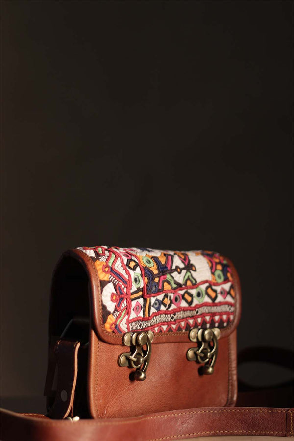 Kutchi Leather Bag | Mirrorwork Sling | Square