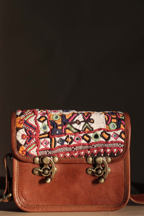 Kutchi Leather Bag | Mirrorwork Sling | Square