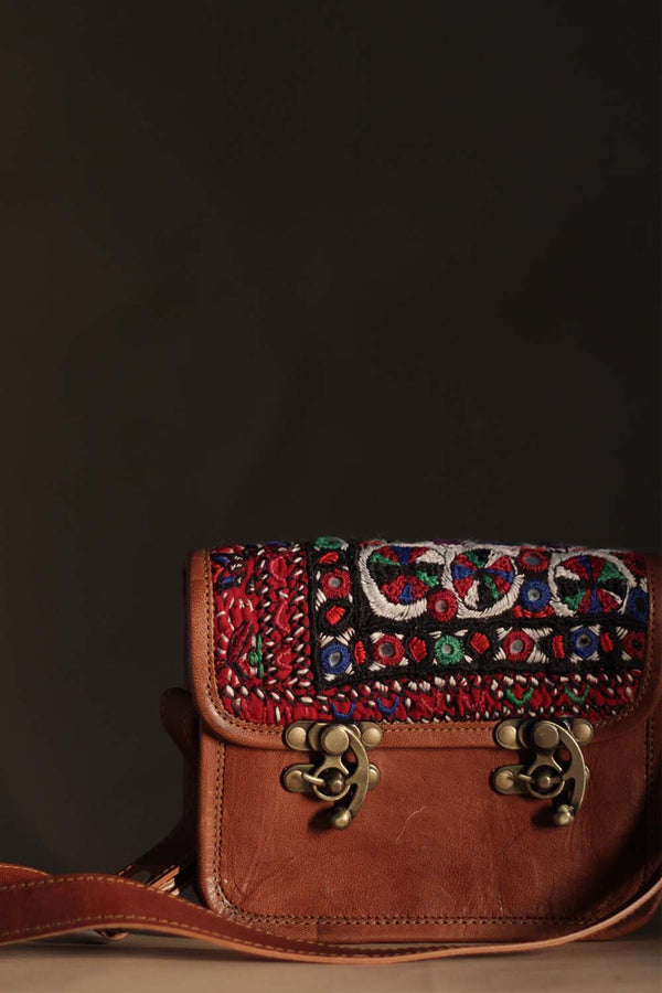Kutchi Leather Bag | Mirrorwork Sling | Square