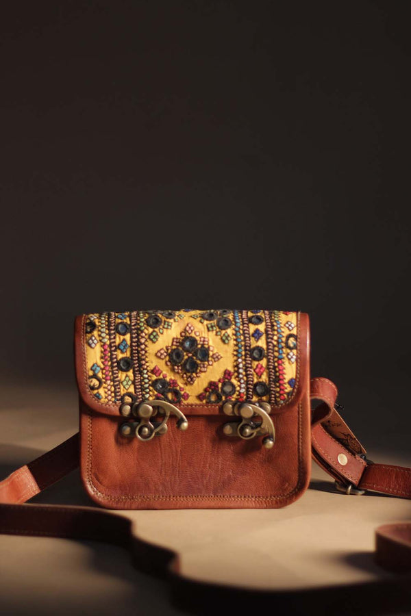 Kutchi Leather Bag | Mirrorwork Sling | Square