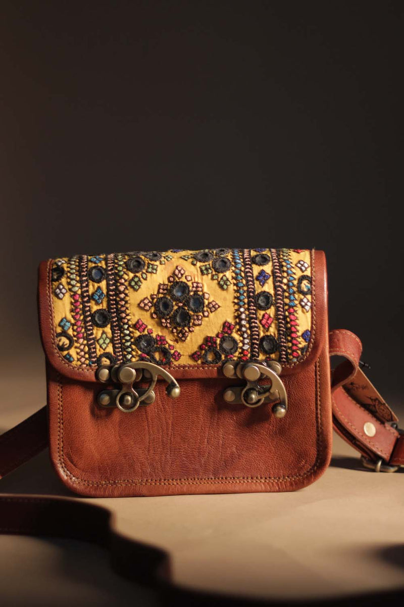 Kutchi Leather Bag | Mirrorwork Sling | Square