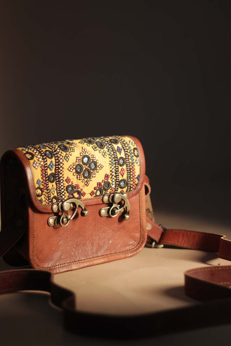 Kutchi Leather Bag | Mirrorwork Sling | Square