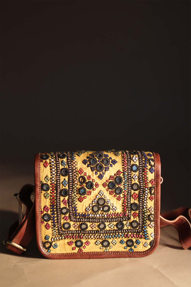 Kutchi Leather Bag | Mirrorwork Sling | Square