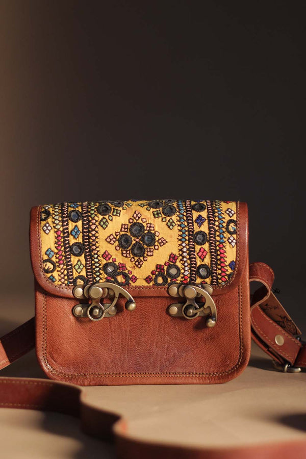Kutchi Leather Bag | Mirrorwork Sling | Square