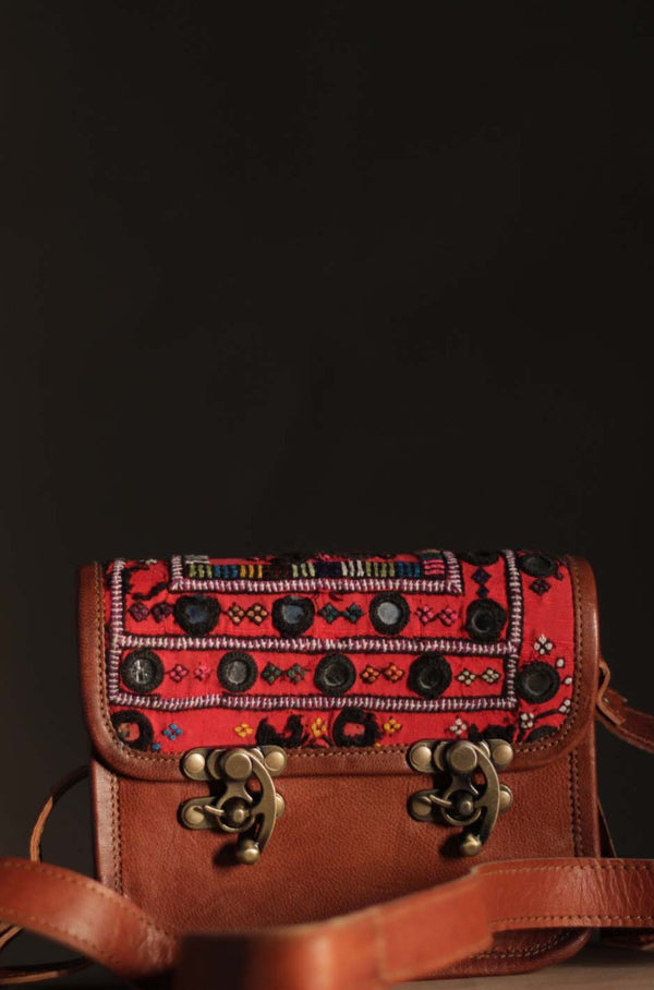 Kutchi Leather Bag | Mirrorwork Sling | Square