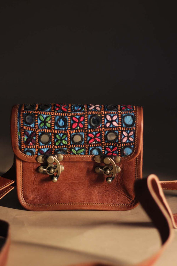 Kutchi Leather Bag | Mirrorwork Sling | Square