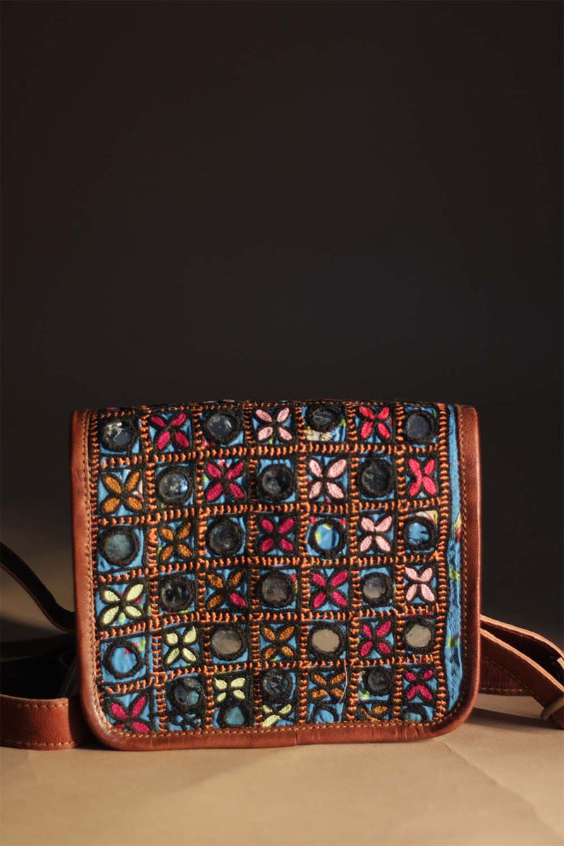 Kutchi Leather Bag | Mirrorwork Sling | Square