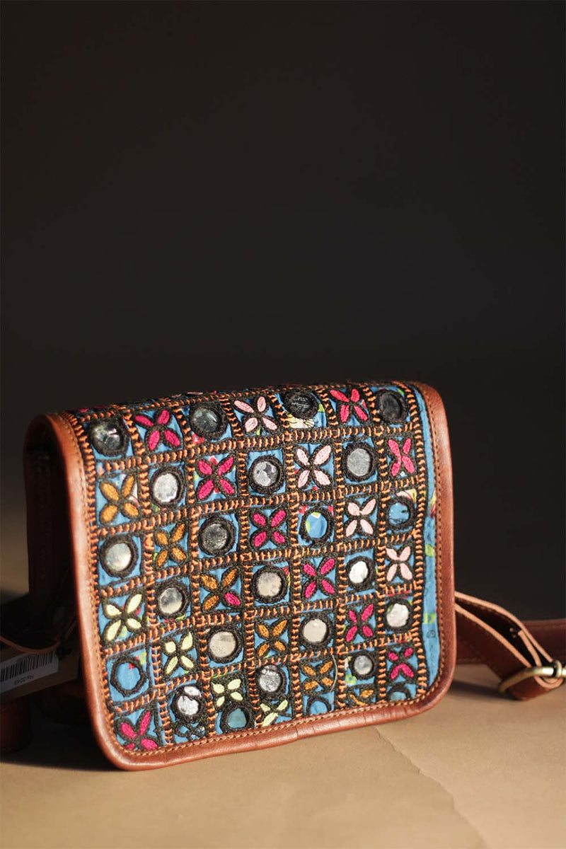 Kutchi Leather Bag | Mirrorwork Sling | Square