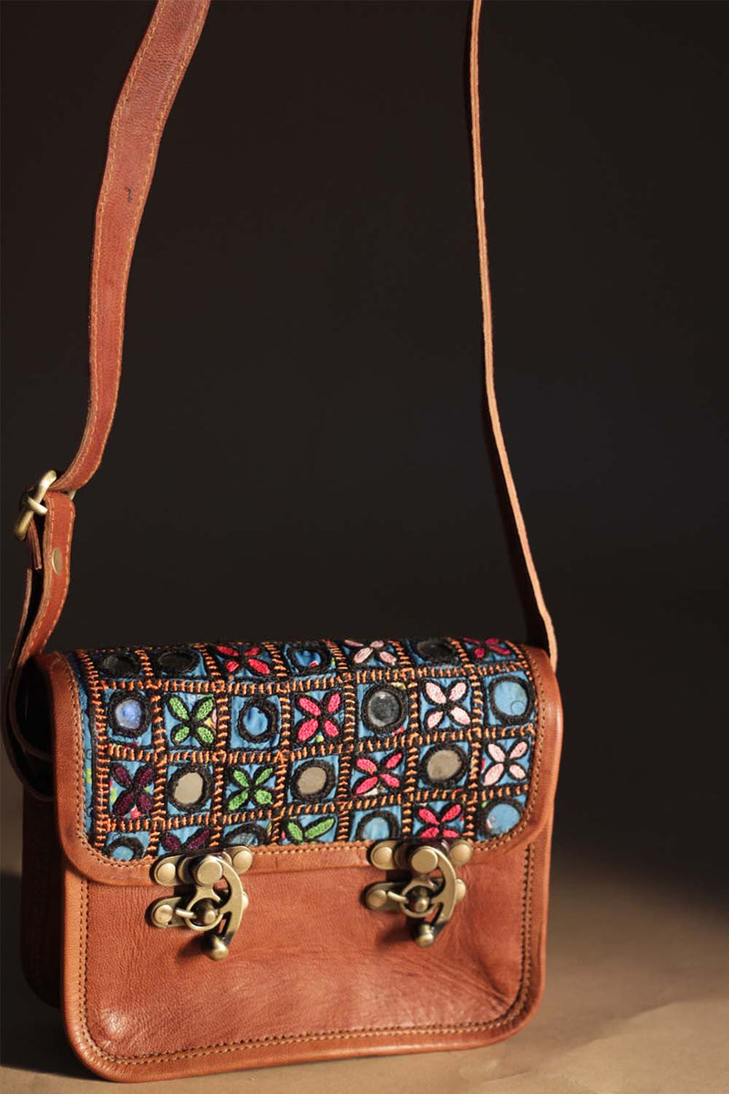Kutchi Leather Bag | Mirrorwork Sling | Square