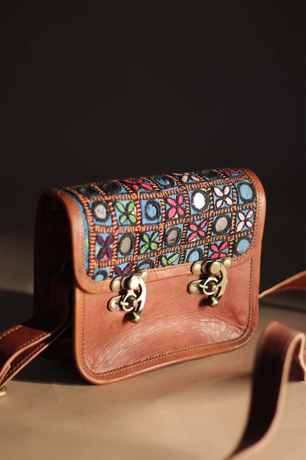 Kutchi Leather Bag | Mirrorwork Sling | Square