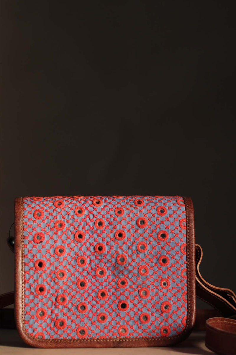 Kutchi Leather Bag | Mirrorwork Sling | Square