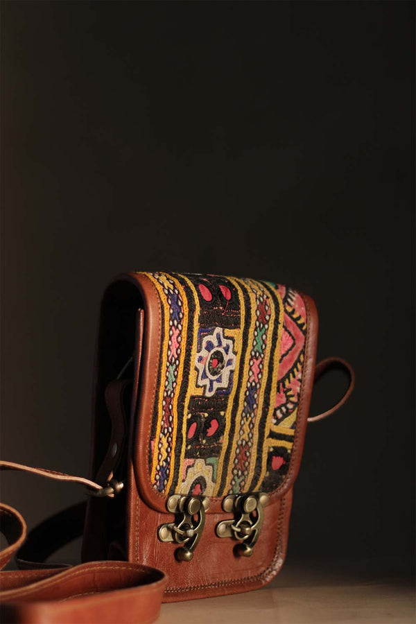 Kutchi Leather Bag | Mirrorwork Sling | Rectangle